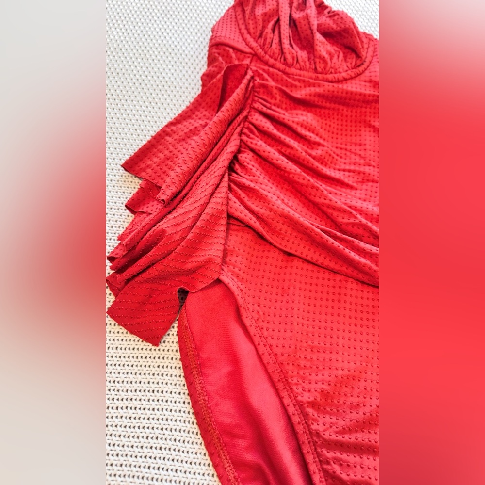 RHODE Ruched Tummy Embossed Dot Ruffle Red One Piece Swimsuit - Picture 6 of 13